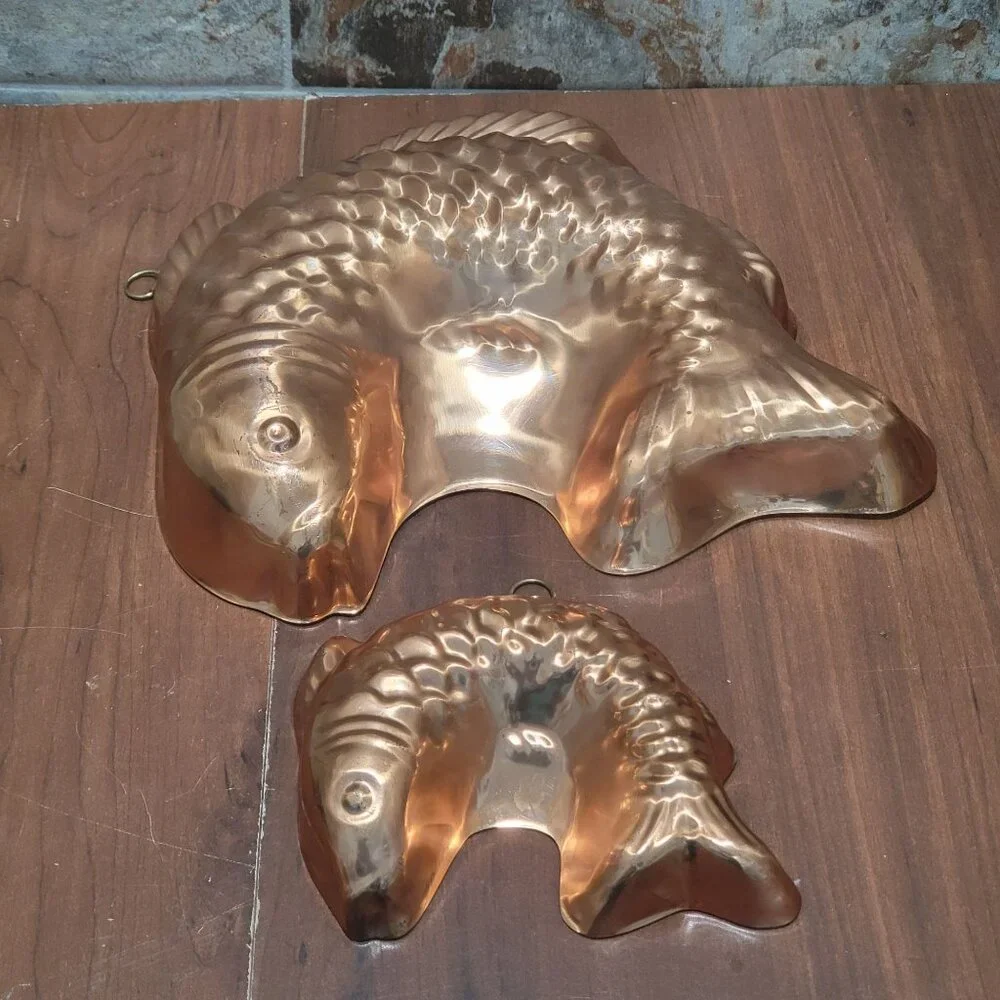Vintage Tagus Portugal Copper Fish Mold Kitchen Decor Wall Hanging Set of 2